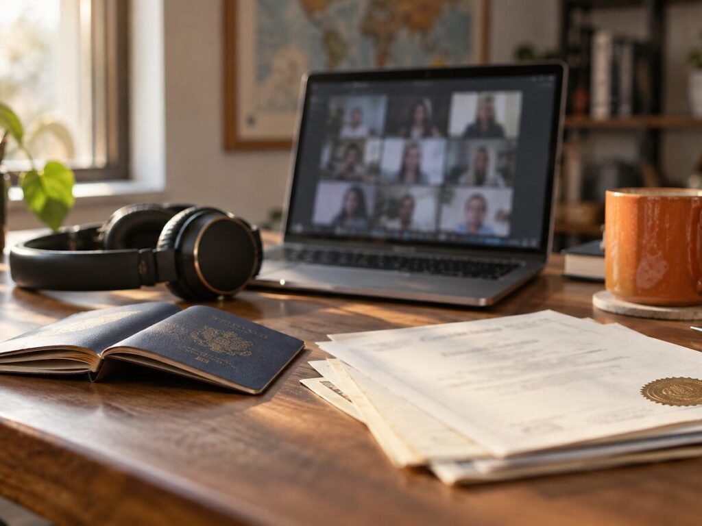 Escritorio de traduccion: pasaporte, documentos con sello y auriculares junto a una videollamada