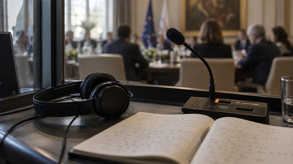 Cabina de interpretacion: auriculares, microfono y libreta de notas frente a una sala de reunion
